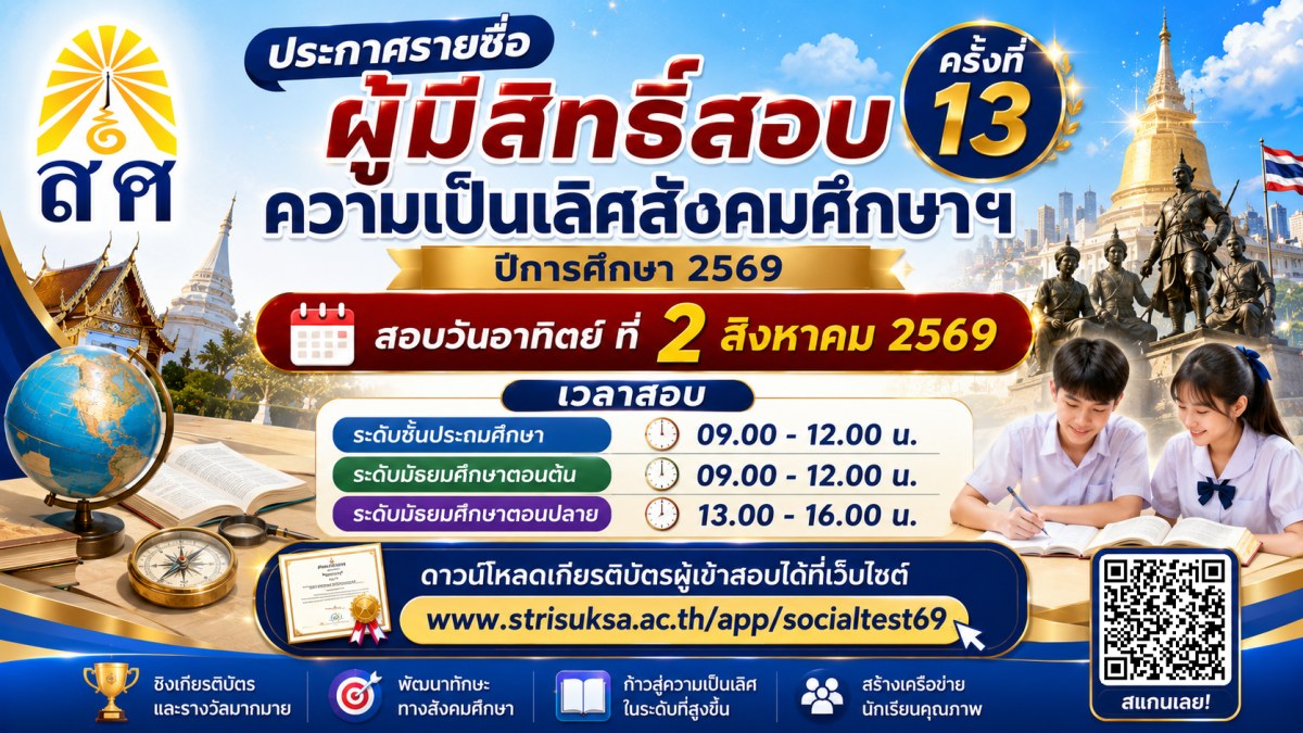 ประกาศรายชื่อผู้มีสิทธิ์สอบความเป็นเลิศสังคมศึกษา ครั้งที่ 13 ปีการศึกษา 2569